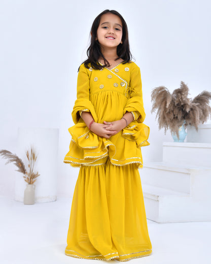 Yellow Georgette Embellished Gota Angarkha Sharara Set