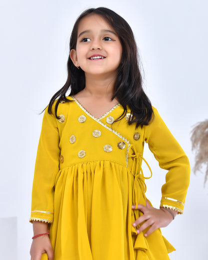 Yellow Georgette Embellished Gota Angarkha Sharara Set