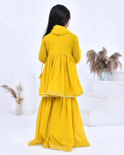 Yellow Georgette Embellished Gota Angarkha Sharara Set