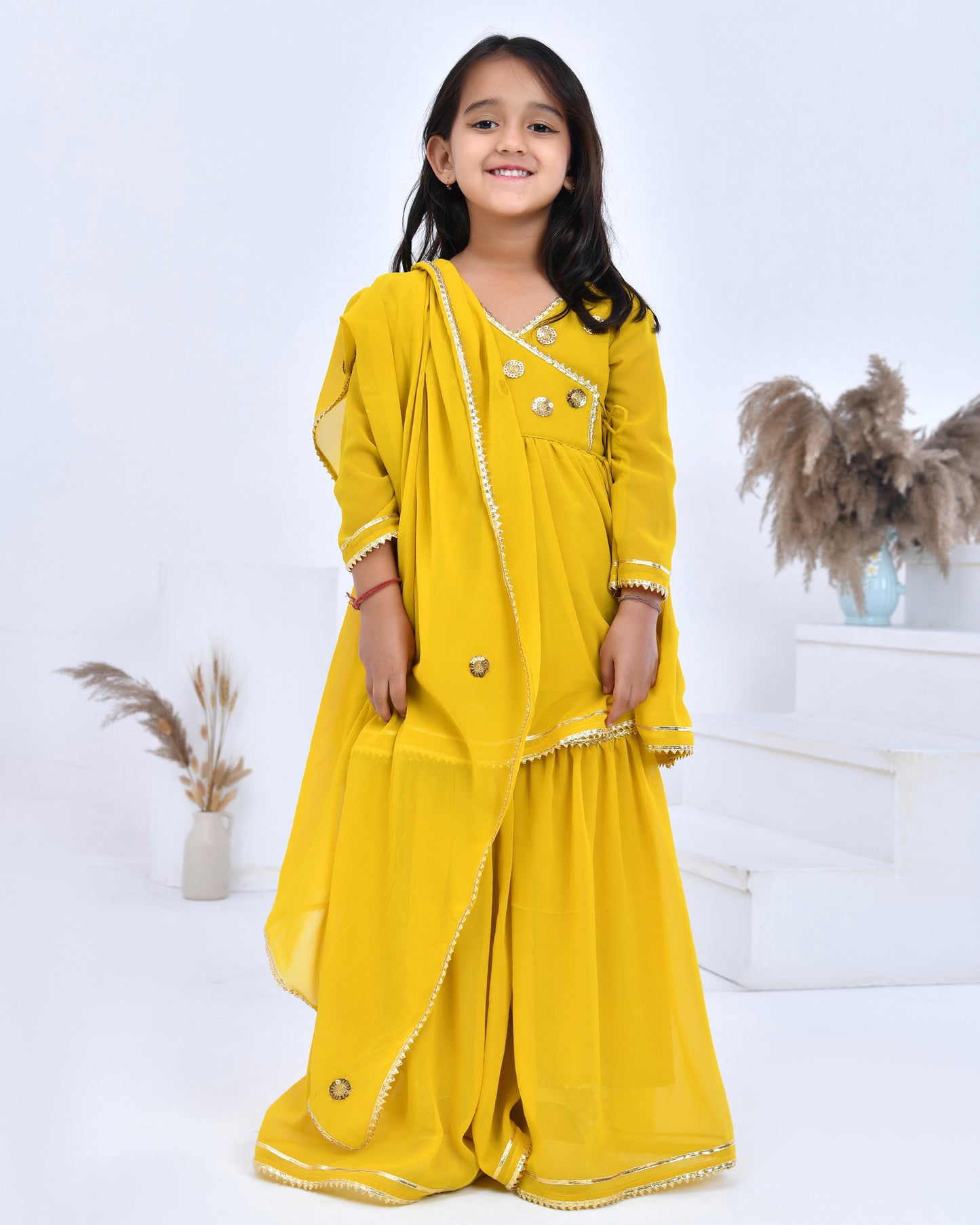 Yellow Georgette Embellished Gota Angarkha Sharara Set