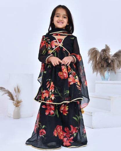 Black Floral Bloom Print Kurta Set