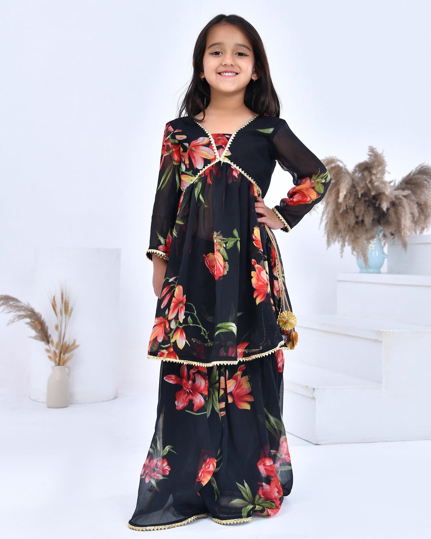 Black Floral Bloom Print Kurta Set