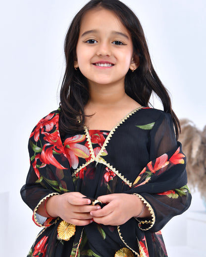Black Floral Bloom Print Kurta Set