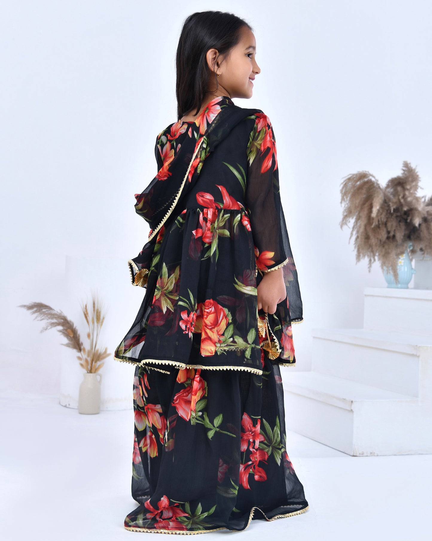Black Floral Bloom Print Kurta Set