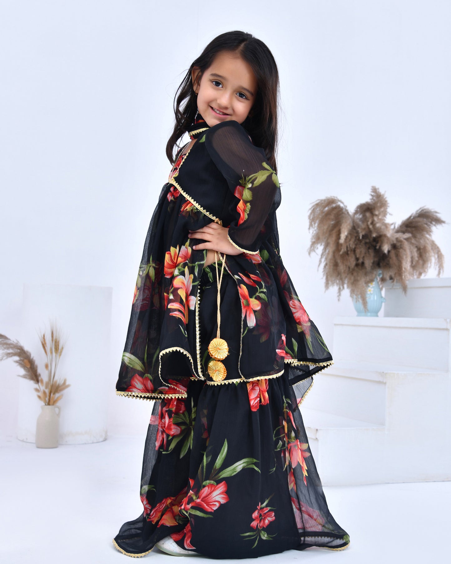 Black Floral Bloom Print Kurta Set