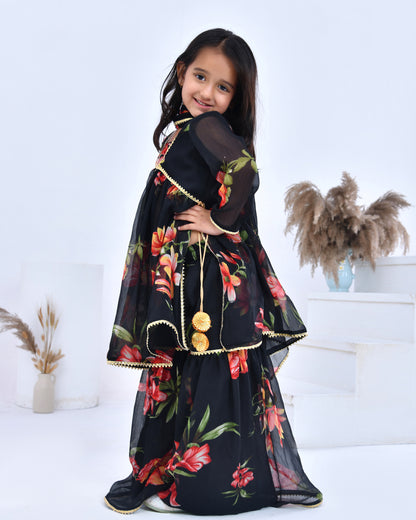 Black Floral Bloom Print Kurta Set