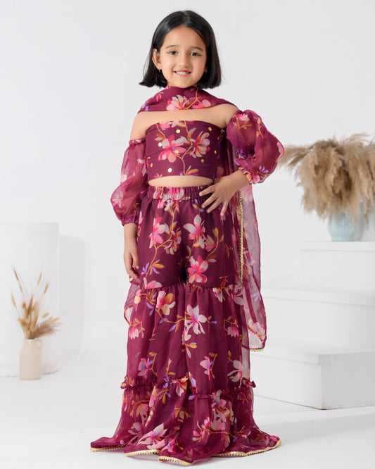 Embellished Blossom Print Sharara Set