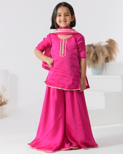 Magenta Satin Embellished Gota Kurta Set