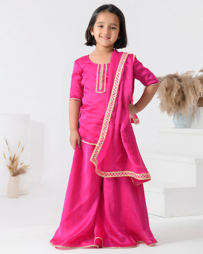 Magenta Satin Embellished Gota Kurta Set