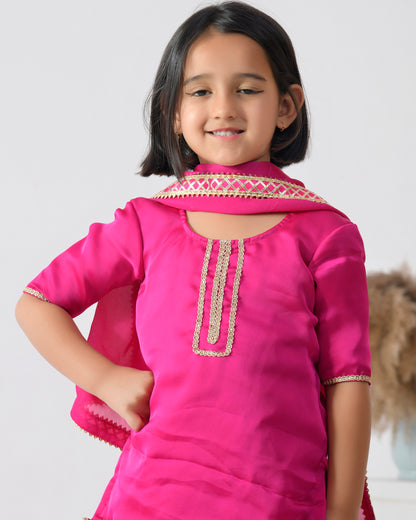 Magenta Satin Embellished Gota Kurta Set