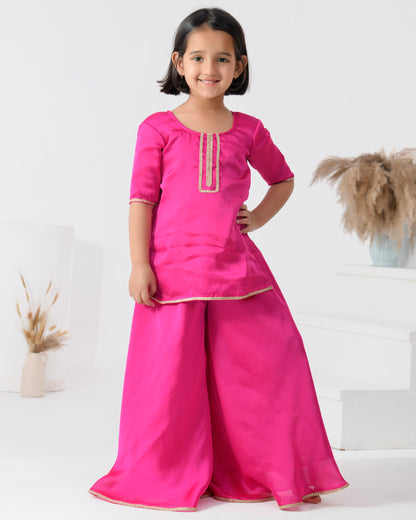 Magenta Satin Embellished Gota Kurta Set