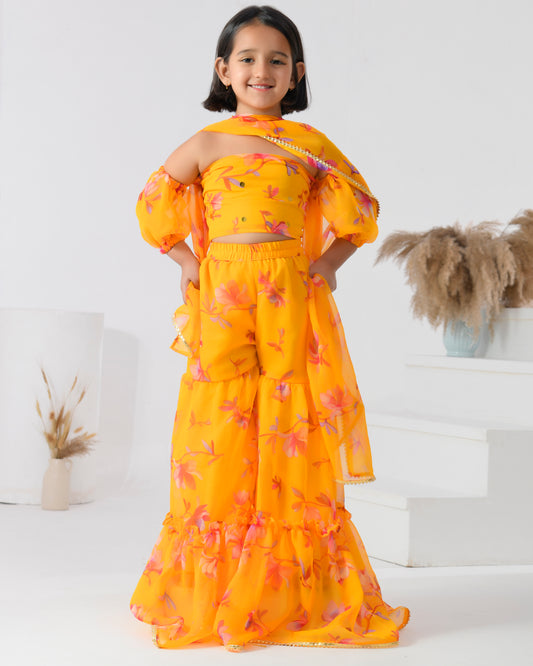 Yellow Chiffon Printed Bloom Sharara Set