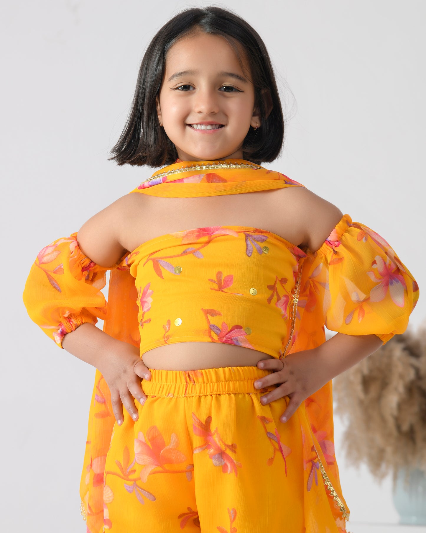 Yellow Chiffon Printed Bloom Sharara Set