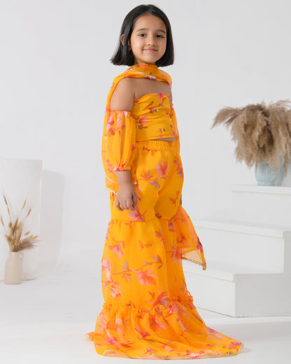 Yellow Chiffon Printed Bloom Sharara Set