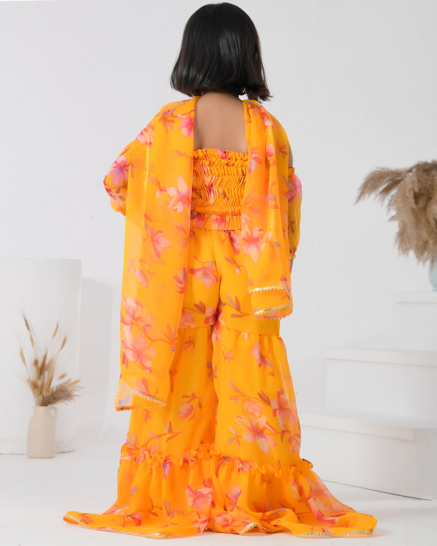 Yellow Chiffon Printed Bloom Sharara Set
