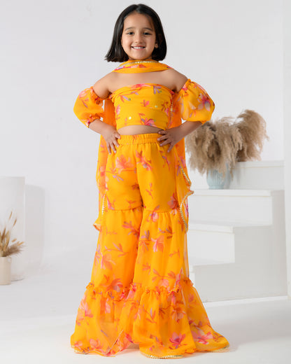 Yellow Chiffon Printed Bloom Sharara Set