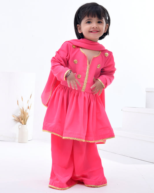 Pink Crepe Embellished Gota Kurta Sharara Set