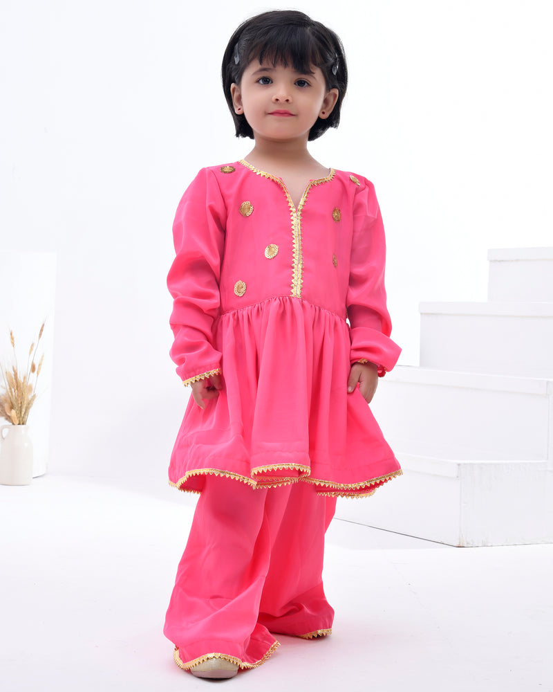 Pink Crepe Embellished Gota Kurta Sharara Set