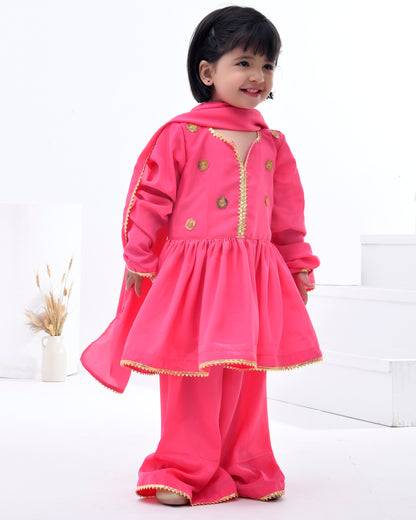 Pink Crepe Embellished Gota Kurta Sharara Set