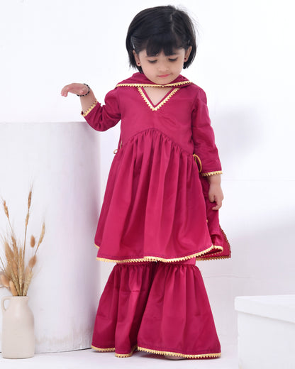 Gota Embellished Wine Crepe Kurta Sharara Set