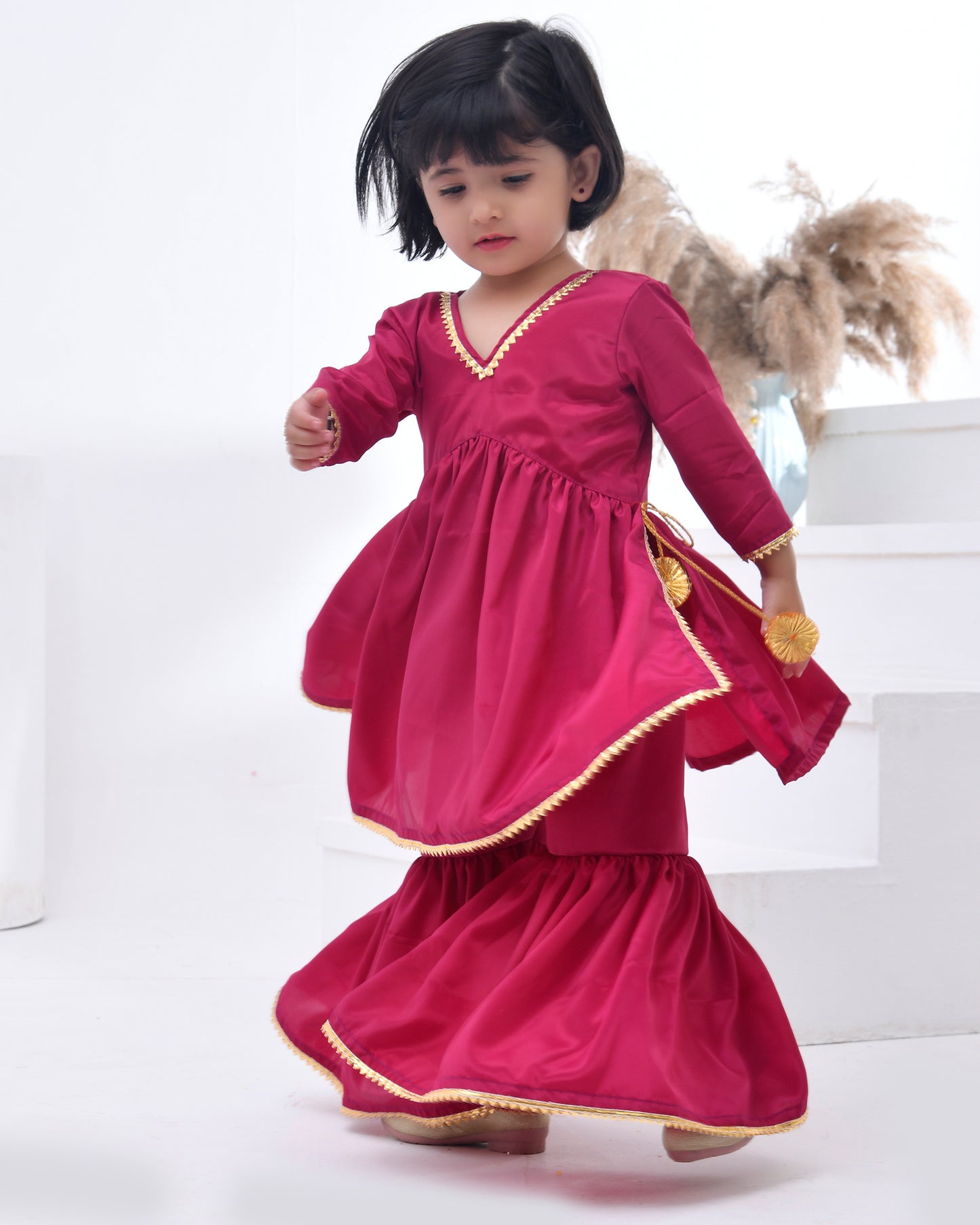 Gota Embellished Wine Crepe Kurta Sharara Set