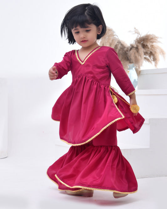 Gota Embellished Wine Crepe Kurta Sharara Set