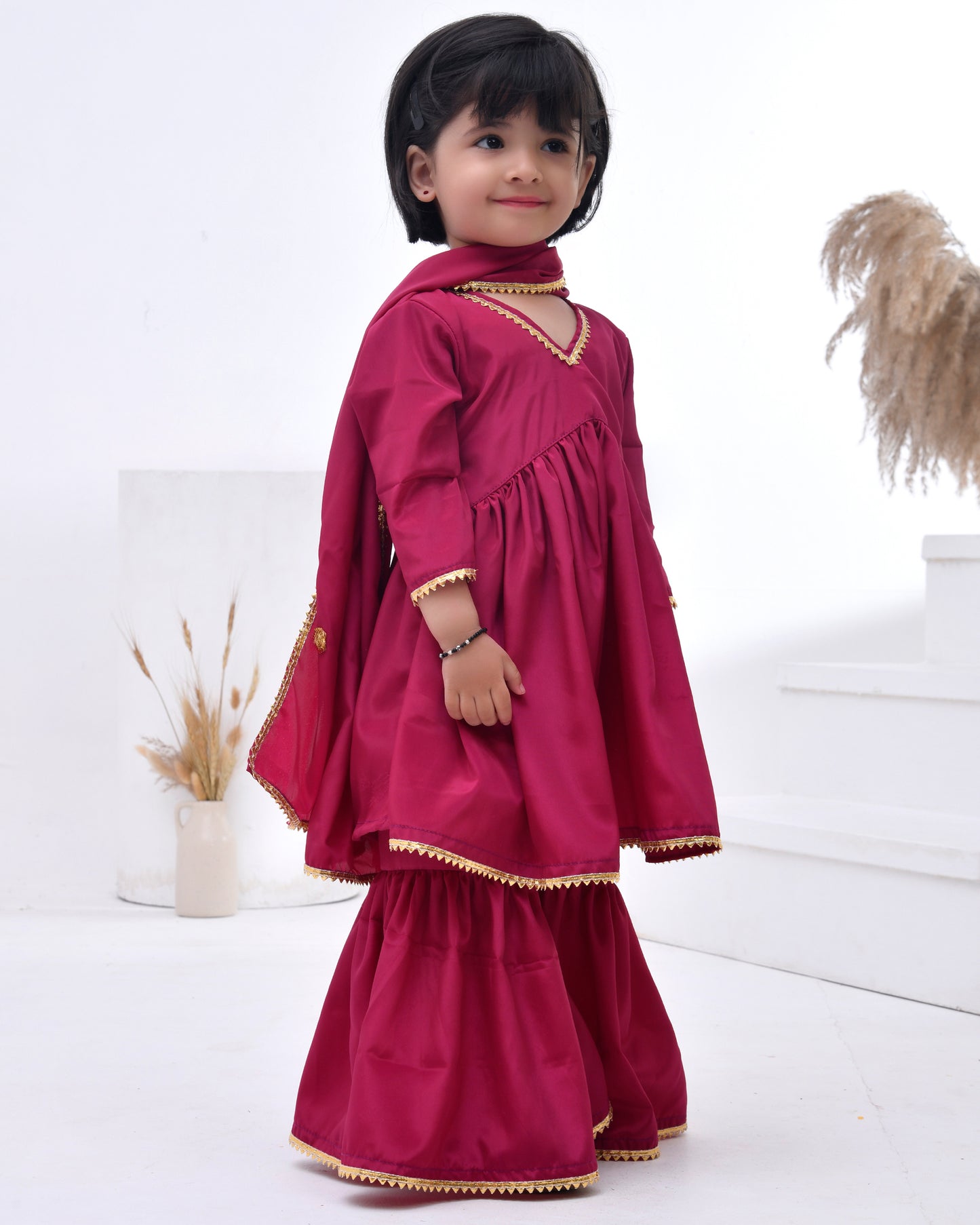 Gota Embellished Wine Crepe Kurta Sharara Set