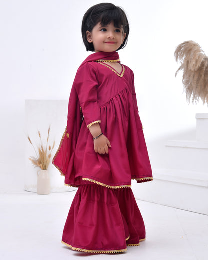 Gota Embellished Wine Crepe Kurta Sharara Set