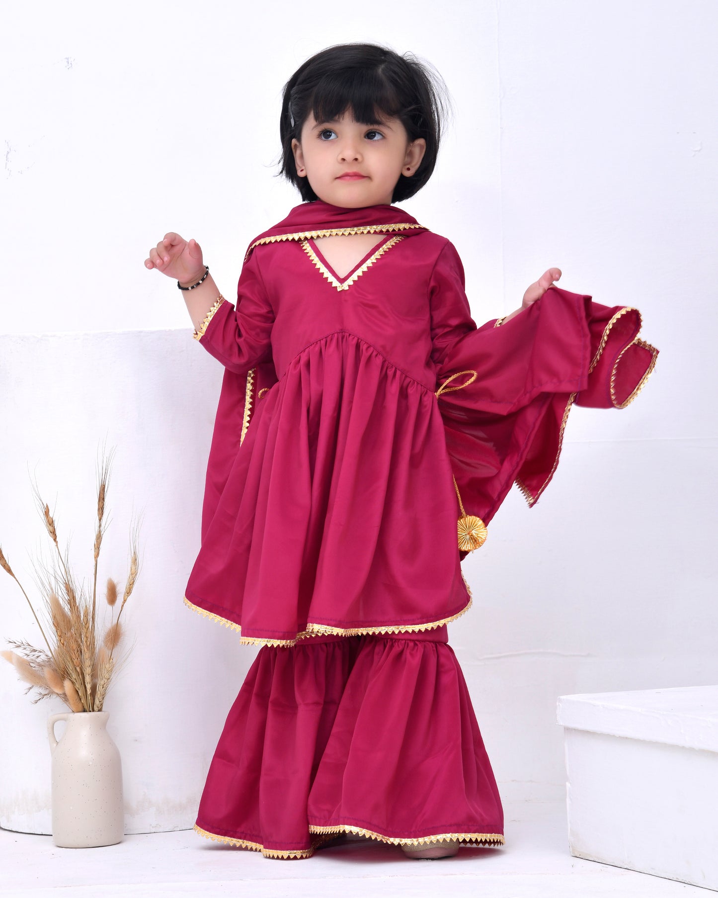 Gota Embellished Wine Crepe Kurta Sharara Set