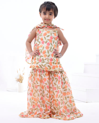 Off White Chiffon Printed Blossom Kurta Sharara Set