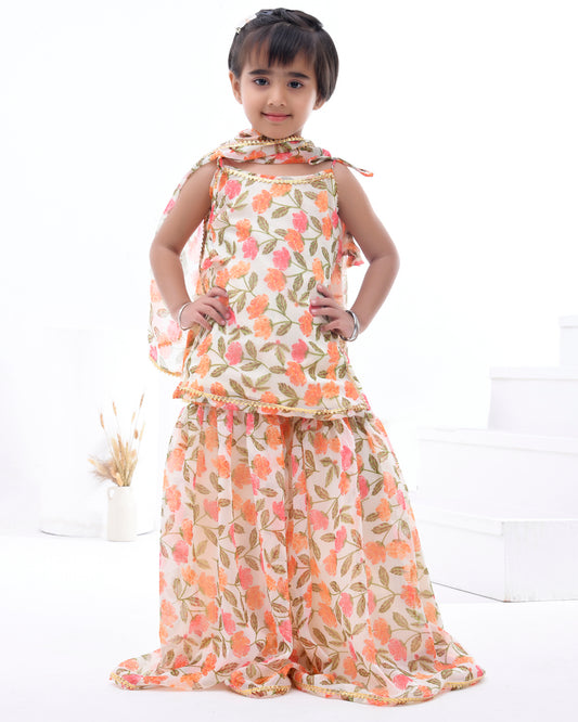 Off White Chiffon Printed Blossom Kurta Sharara Set
