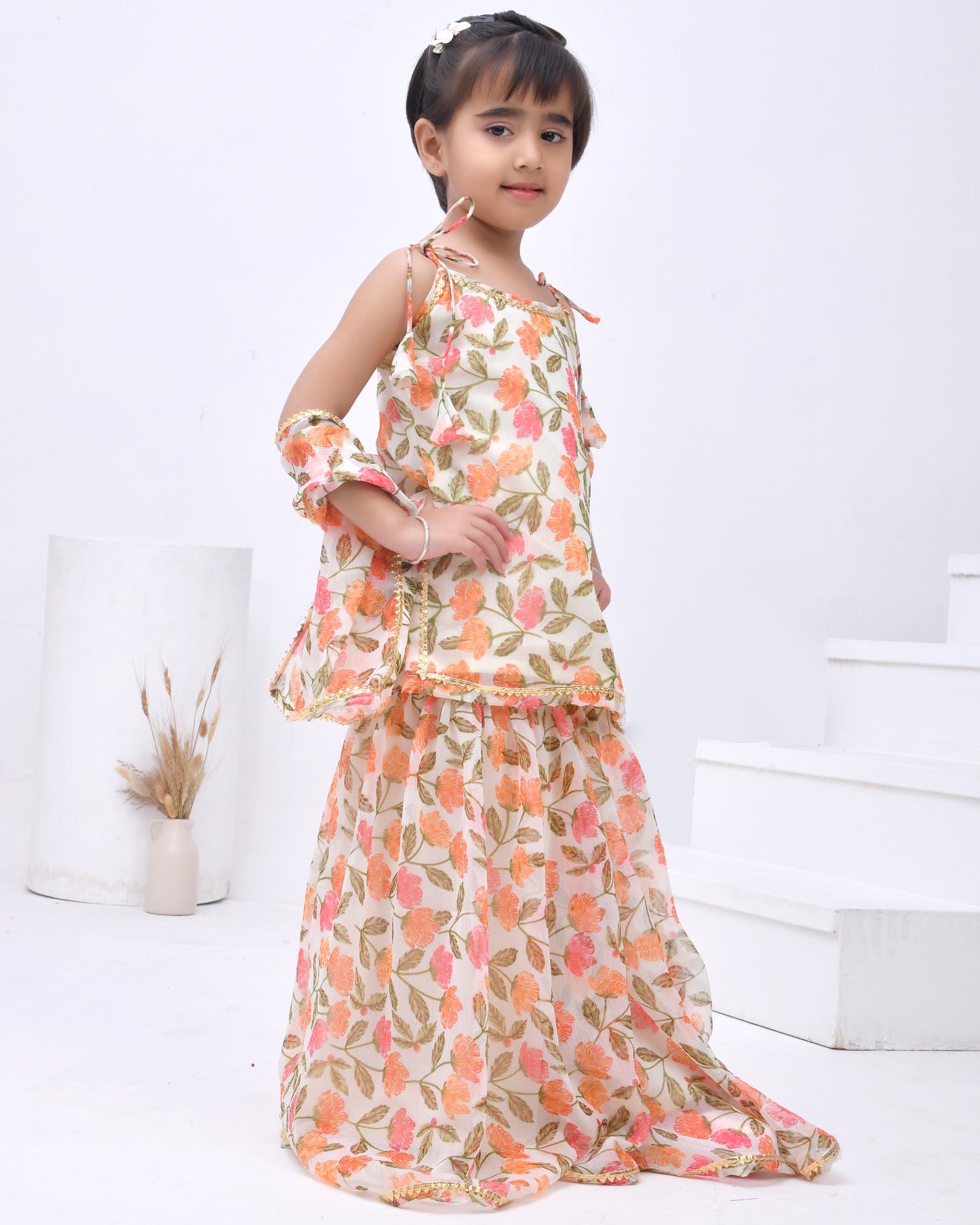 Off White Chiffon Printed Blossom Kurta Sharara Set