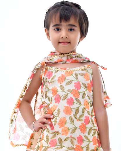 Off White Chiffon Printed Blossom Kurta Sharara Set