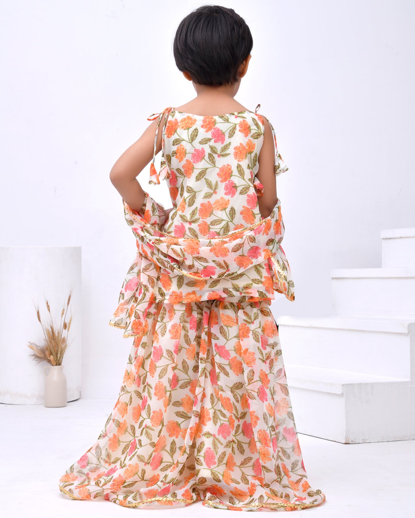 Off White Chiffon Printed Blossom Kurta Sharara Set