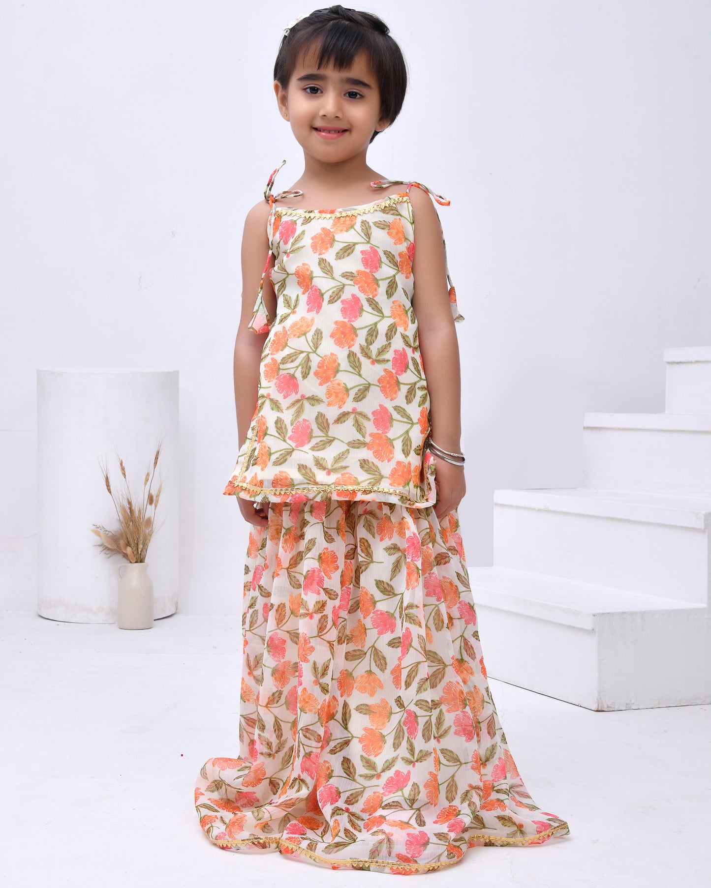 Off White Chiffon Printed Blossom Kurta Sharara Set