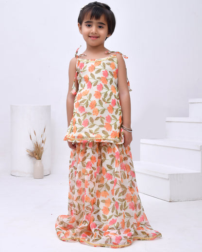 Off White Chiffon Printed Blossom Kurta Sharara Set