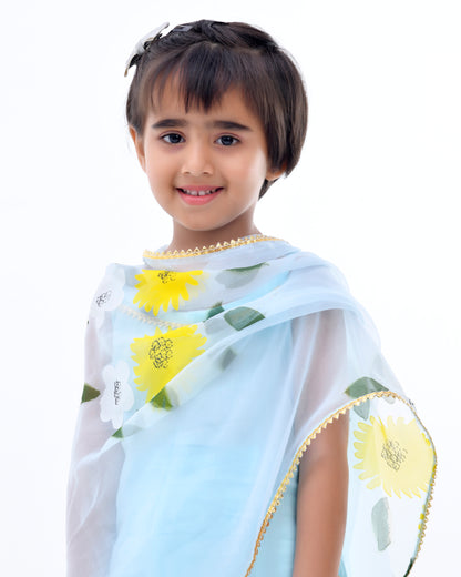 Blue Cotton Silk Hand Painted Blossom Sky Gota Embellished Kurta Set