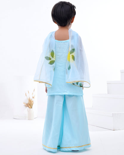 Blue Cotton Silk Hand Painted Blossom Sky Gota Embellished Kurta Set