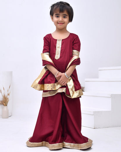 Maroon Taffeta Silk Embellished Gota Kurta Set