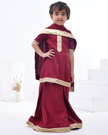 Maroon Taffeta Silk Embellished Gota Kurta Set