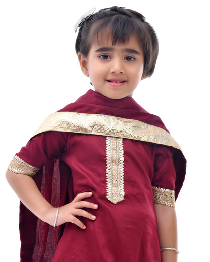 Maroon Taffeta Silk Embellished Gota Kurta Set