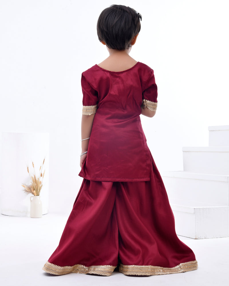 Maroon Taffeta Silk Embellished Gota Kurta Set