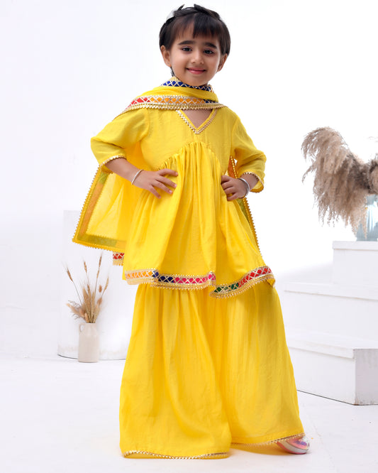 Yellow Chanderi Embellished Gota Lace Kurta Set
