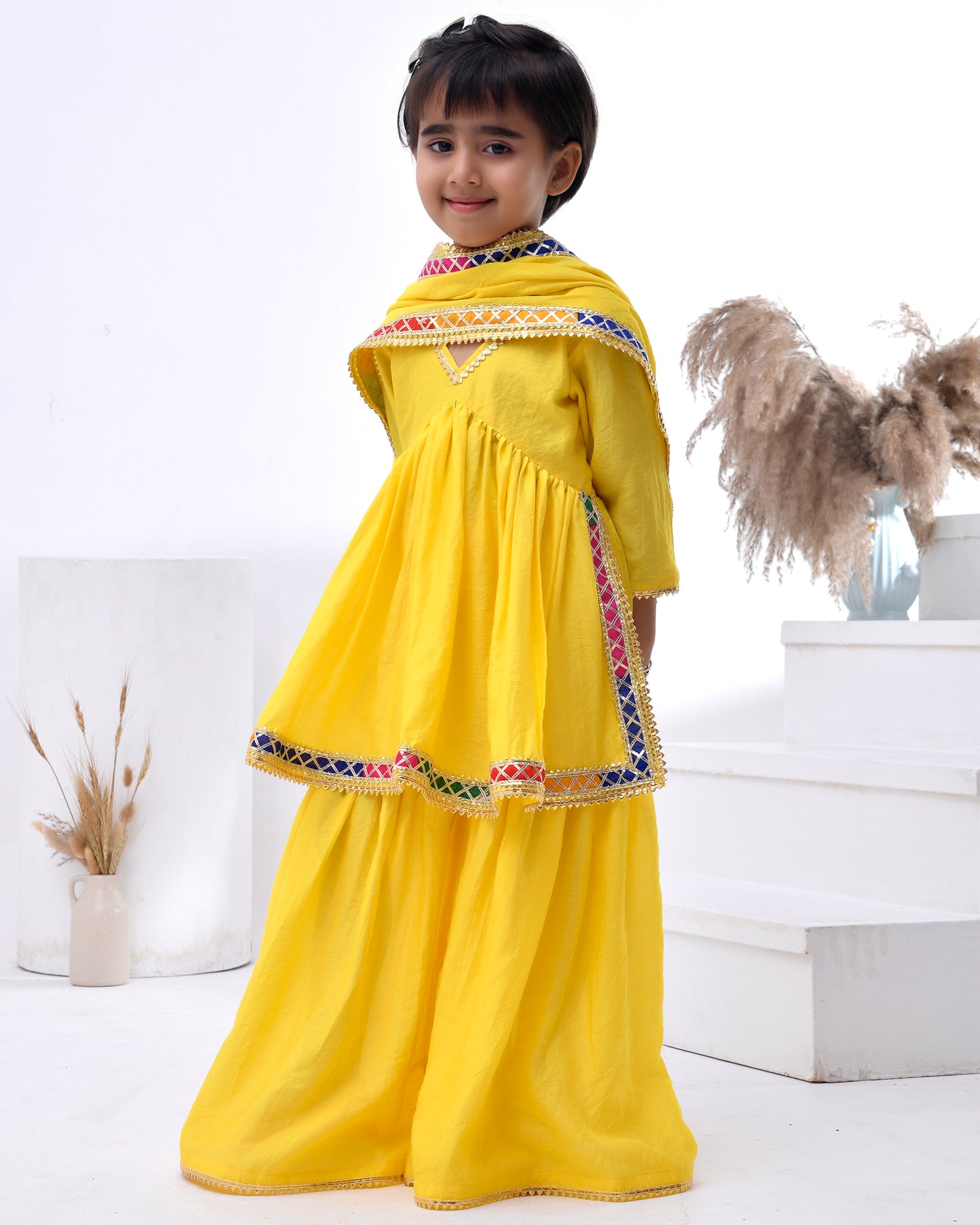 Yellow Chanderi Embellished Gota Lace Kurta Set