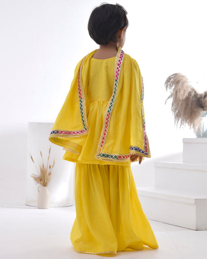 Yellow Chanderi Embellished Gota Lace Kurta Set