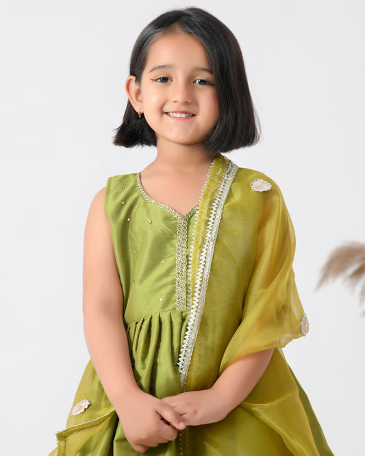 Green Taffeta Silk Embellished Gota Peplum Dhoti Pant Set