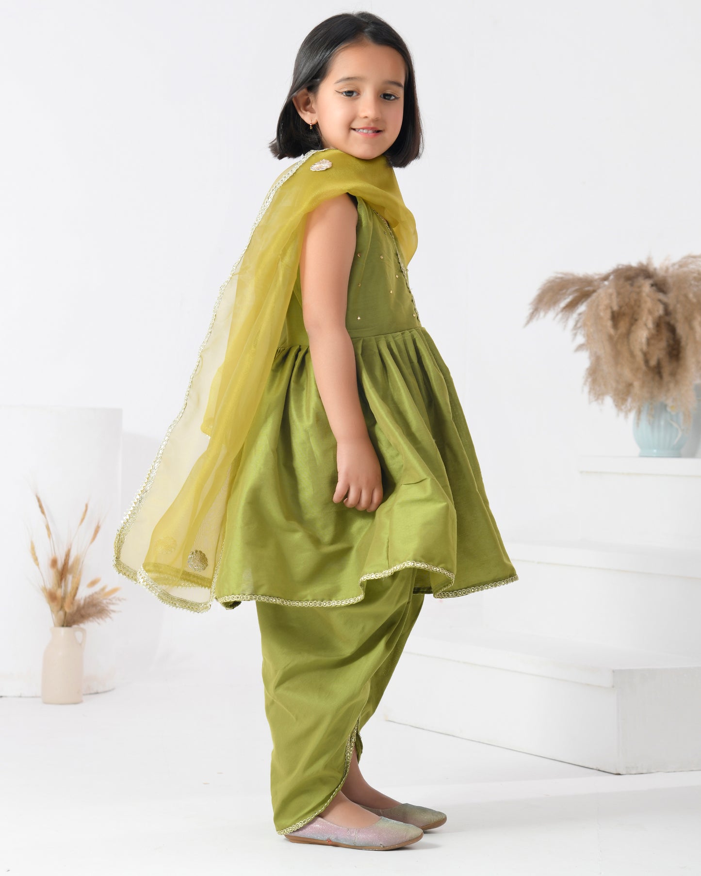 Green Taffeta Silk Embellished Gota Peplum Dhoti Pant Set