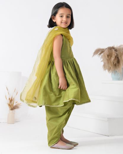 Green Taffeta Silk Embellished Gota Peplum Dhoti Pant Set