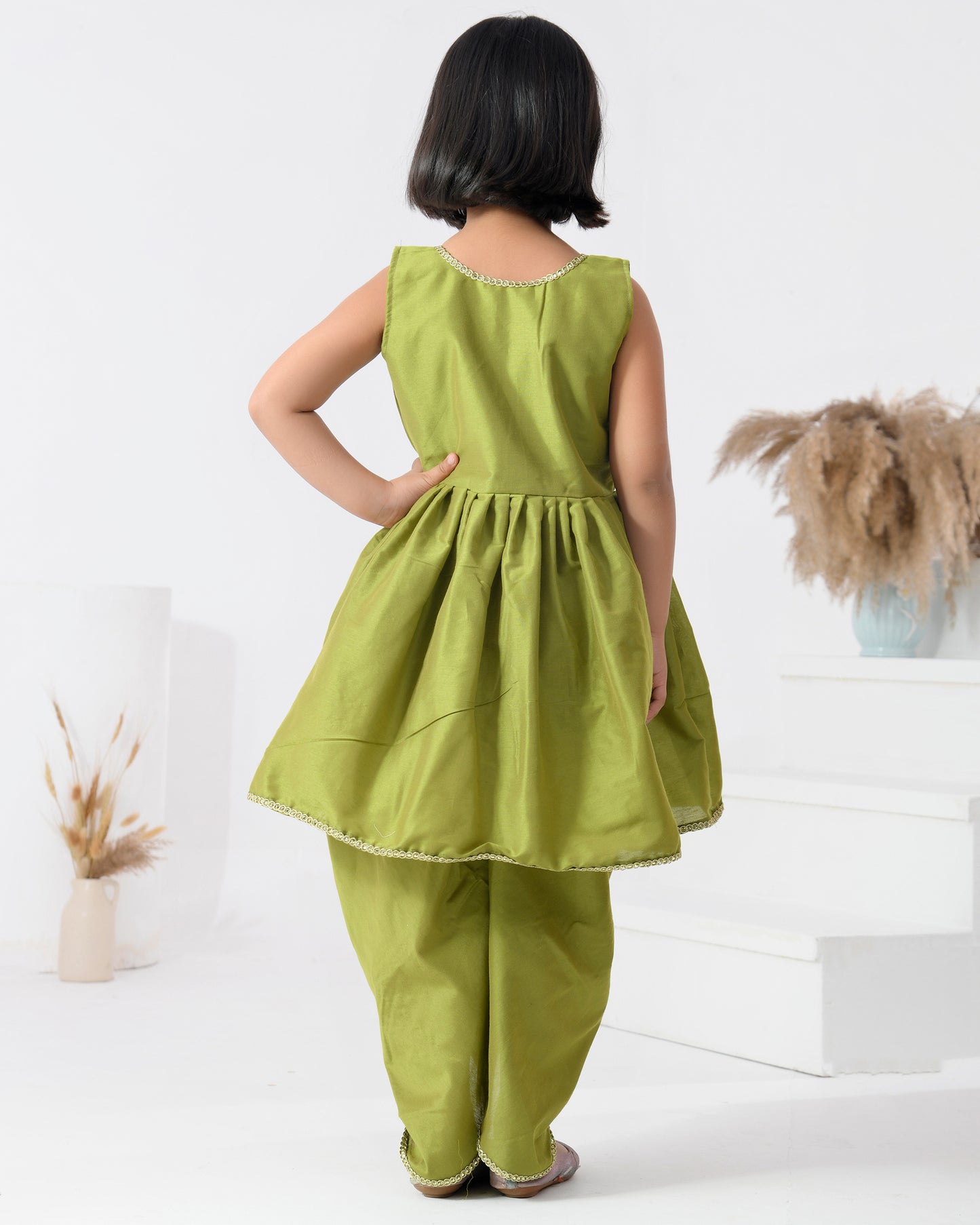 Green Taffeta Silk Embellished Gota Peplum Dhoti Pant Set