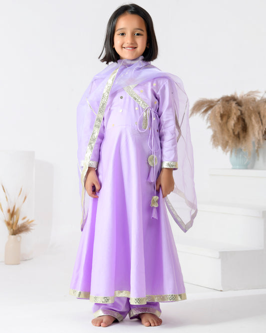 Lavender Cotton Silk Embellished Gota Lace Angarkha Set